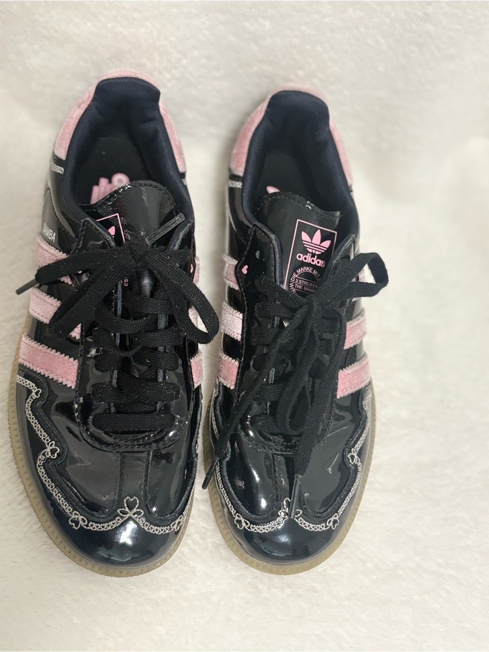 adidas kids  Black Patent Sneakers with Pink Accents